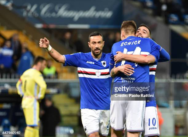 Patrik Schick of Sampdoria celebrates after sore 3-1 during the Serie A match between UC Sampdoria and Pescara Calcio at Stadio Luigi Ferraris on...
