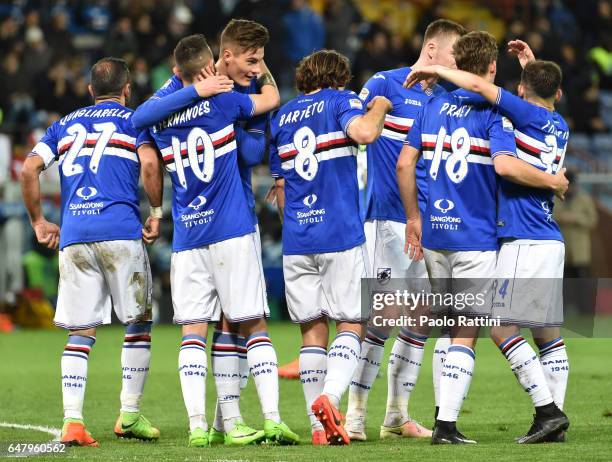 Patrik Schick of Sampdoria celebrates after sore 3-1 during the Serie A match between UC Sampdoria and Pescara Calcio at Stadio Luigi Ferraris on...