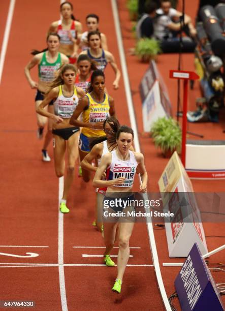 Laura Muir of Great Britain leads the field during the Women's 1500 metres final on day two of the 2017 European Athletics Indoor Championships at...