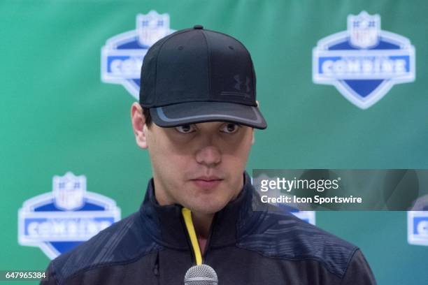 Louisville tight end Cole Hikutini answers questions to members of the press during the NFL Scouting Combine on March 3, 2017 at Lucas Oil Stadium in...