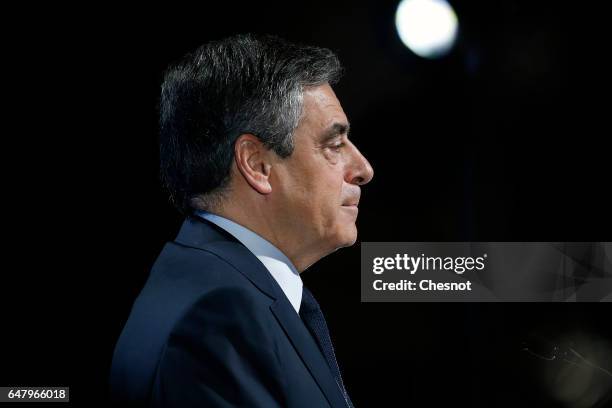 French presidential election candidate for the right-wing "Les Republicains" party Francois Fillon delivers a speech to present his program during a...