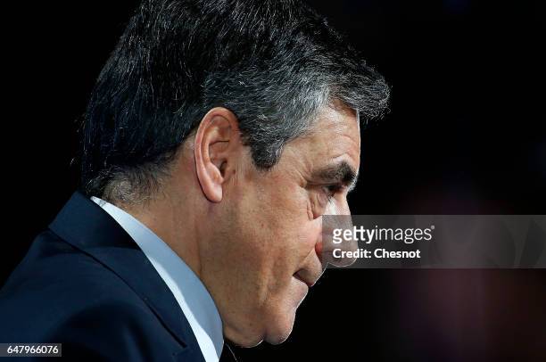 French presidential election candidate for the right-wing "Les Republicains" party Francois Fillon delivers a speech to present his program during a...
