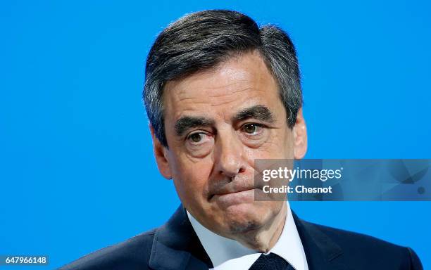 French presidential election candidate for the right-wing "Les Republicains" party Francois Fillon delivers a speech to present his program during a...