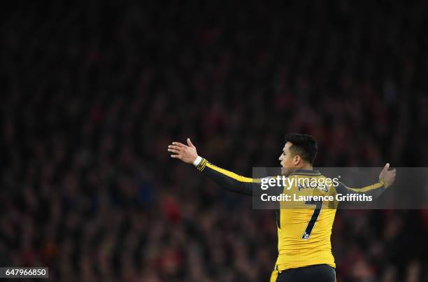 Alexis Sanchez of Arsenal reacts during the Premier League match between Liverpool and Arsenal at Anfield on March 4, 2017 in Liverpool, England.