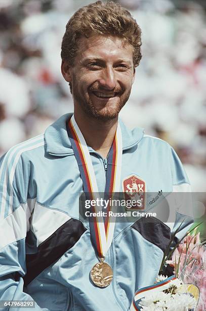 Miloslav Mecir of Slovakia with his gold medal after defeating Tim Mayotte during their Men's Singles Final match on 30 September 1988 during the...