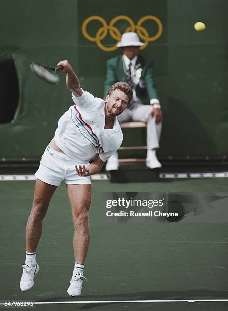 Miloslav Mecir of Slovakia serves toTim Mayotte during their Men's Singles Final match on 30 September 1988 during the XXIV Olympic Summer Games at...