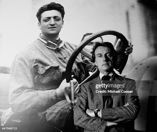 And Chairman of Ferrari, Luca Di Montezemolo stands in front of a picture of Scuderia Ferrari founder Enzo Ferrari on 28th April 1999 at the Scuderia...