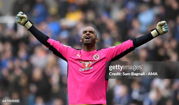 Ali Al Habsi of Reading celebrates during the Sky Bet Championship match between Reading and Wolverhampton Wanderers at Madejski Stadium on March 4,...