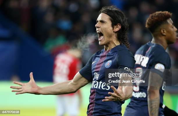 Edinson Cavani of PSG celebrates his winning goal on a penalty kick during the French Ligue 1 match between Paris Saint Germain and AS Nancy Lorraine...