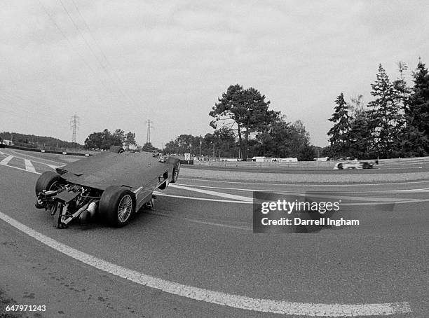 Mark Webber of Australia driving the AMG-Mercedes Mercedes-Benz CLR V8 becomes airborne over the hump of the Mulsanne Straight crashes onto his roof...