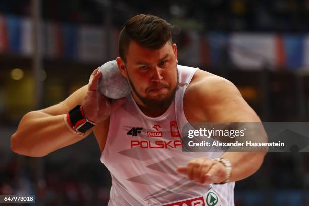 Konrad Bukowiecki of Poland competes in the Men's Shot Put final on day two of the 2017 European Athletics Indoor Championships at the Kombank Arena...