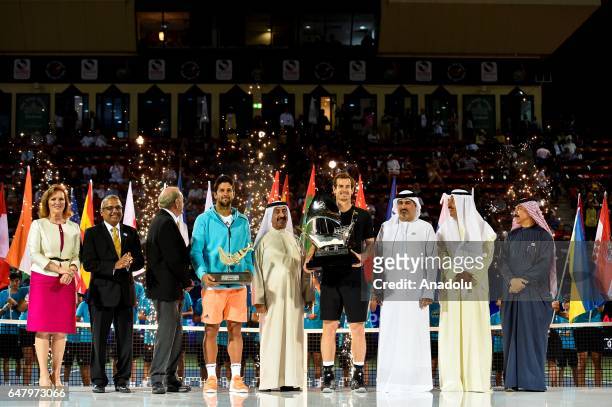 Winner Andy Murray of Great Britain, runner up Fernando Verdasco of Spain and Sheikh Hasher Bin Maktoum Al Maktoum , President of Tennis Emirates...