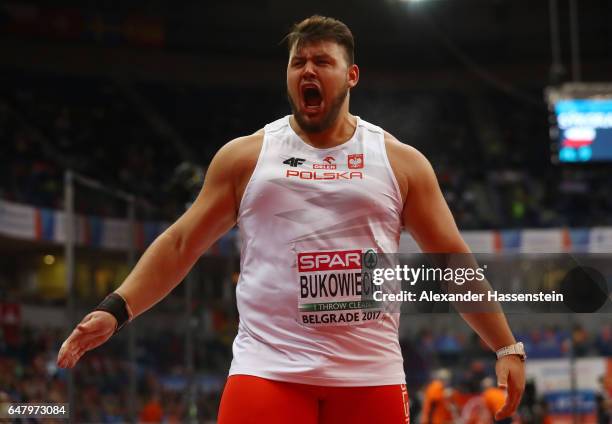 Konrad Bukowiecki of Poland reacts during the Men's Shot Put final on day two of the 2017 European Athletics Indoor Championships at the Kombank...