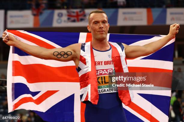 Gold medalist Richard Kilty of Great Britain celebrates after winning the gold medal in the Men's 60 metres final on day two of the 2017 European...