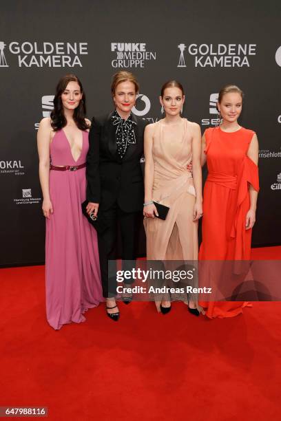 Maria Ehrich, Claudia Michelsen, Emilia Schuele and Sonja Gerhardt arrive for the Goldene Kamera on March 4, 2017 in Hamburg, Germany.