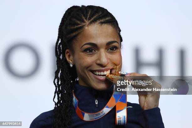 Gold medalist Floria Guei of France poses during the medal ceremony for the Women's 400 metres on day two of the 2017 European Athletics Indoor...
