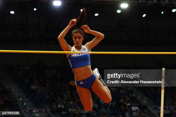 Ekaterini Stefanidi of Greece competes in the Women's Pole Vault final on day two of the 2017 European Athletics Indoor Championships at the Kombank...
