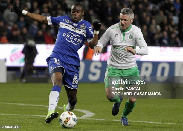 Bastia's French midfielder Lenny Nangis vies with Saint-Etienne's French midfielder Fabien Lemoine during the French L1 football match between Bastia...