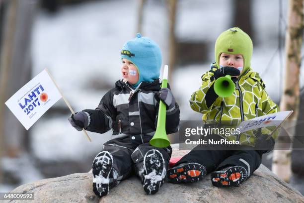 Two very young Finnish fans during Ladies cross-country 30 km Mass Start Free final, at FIS Nordic World Ski Championship 2017 in Lahti. On Saturday,...
