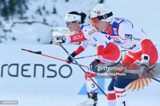 Marit Bjoergen and Heidi Weng from Norway in action during Ladies cross-country 30 km Mass Start Free final, at FIS Nordic World Ski Championship...