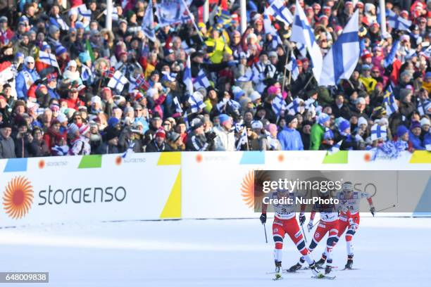 Marit Bjoergen, Heidi Weng and Astrid Uhrenholdt Jacobsen, during the last 100 metres in Ladies cross-country 30 km Mass Start Free final, at FIS...
