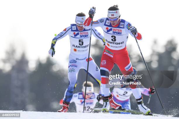 Marit Bjoergen from Norway, ahead of Charlotte Calla from Sweden from Norway, leads during Ladies cross-country 30 km Mass Start Free final, at FIS...