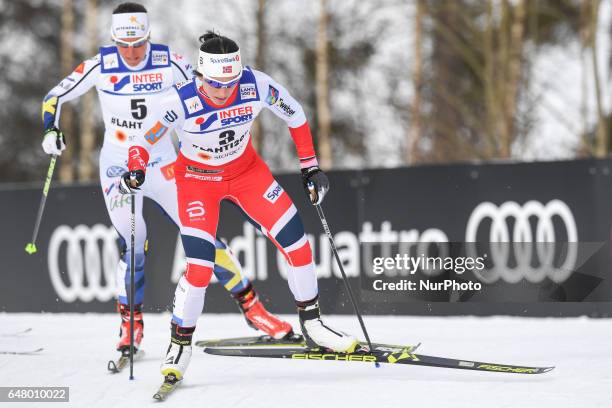 Marit Bjoergen from Norway and Charlotte Calla from Sweden, during Ladies cross-country 30 km Mass Start Free final, at FIS Nordic World Ski...