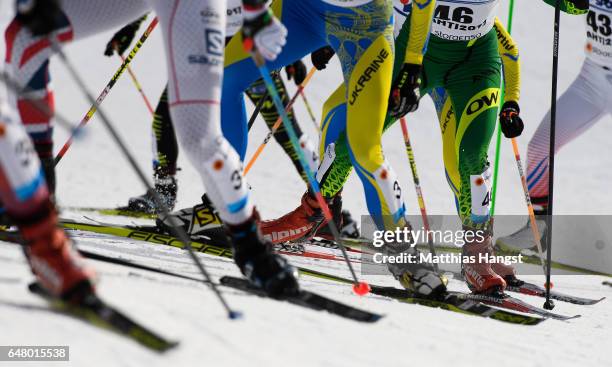 Competitors make their way up a hill in the Women's Cross Country Mass Start during the FIS Nordic World Ski Championships on March 4, 2017 in Lahti,...