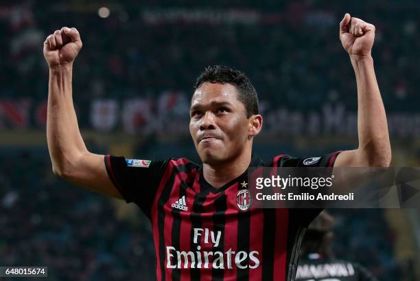 Carlos Bacca of AC Milan celebrates his second goal during the Serie A match between AC Milan and AC ChievoVerona at Stadio Giuseppe Meazza on March...