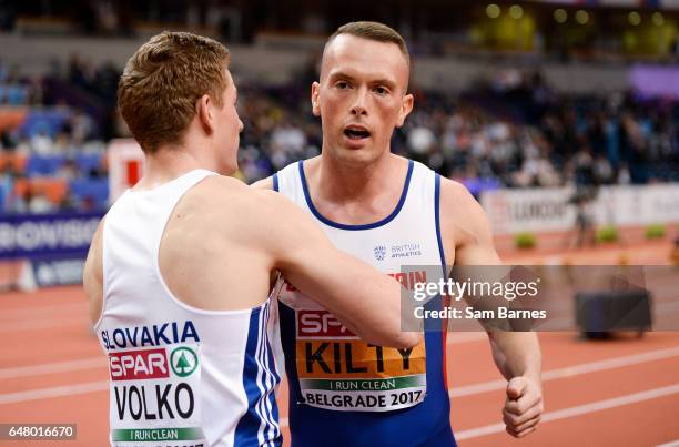 Belgrade , Serbia - 4 March 2017; Richard Kilty of Great Britain is congratulated by Ján Volko of Slovakia, following the Men's 60m Final during the...