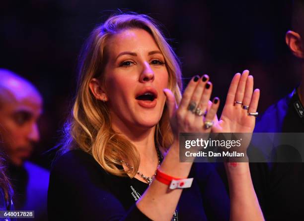 Singer Ellie Goulding shows her support for Katie Taylor during her Super-Featherweight contest against Monica Gentili at The O2 Arena on March 4,...