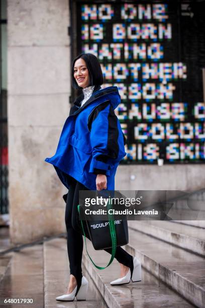 Tiffany Hsu is seen in the streets of Paris after the Mugler show during Paris Fashion Week Womenswear Fall/Winter 2017/2018 on March 4, 2017 in...