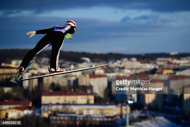Evgeniy Klimov of Russia competes during the Men's Team Ski Jumping HS130 at the FIS Nordic World Ski Championships on March 4, 2017 in Lahti,...