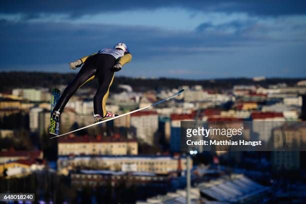 Andreas Stjernen of Norway competes during the Men's Team Ski Jumping HS130 at the FIS Nordic World Ski Championships on March 4, 2017 in Lahti,...