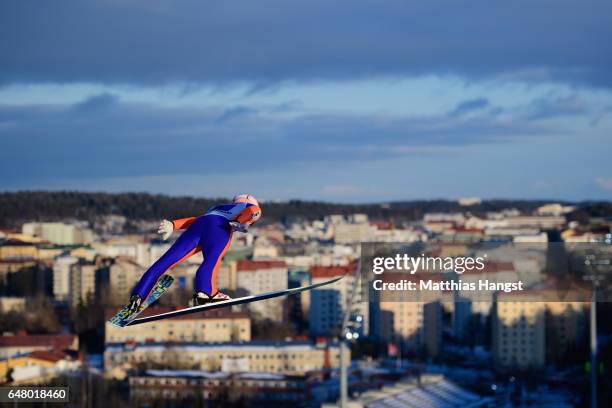 Stefan Kraft of Austria competes during the Men's Team Ski Jumping HS130 at the FIS Nordic World Ski Championships on March 4, 2017 in Lahti, Finland.