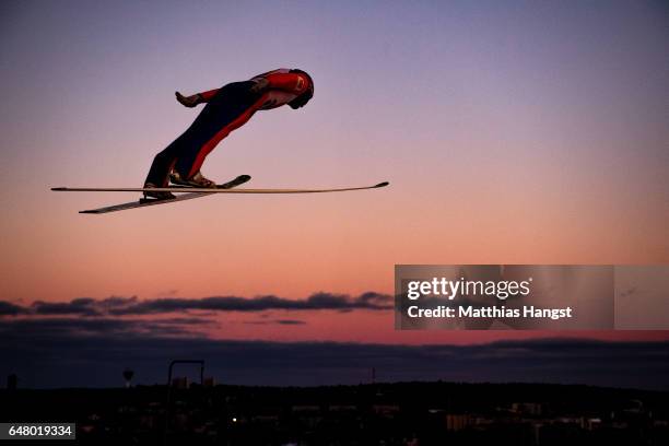 Dimitry Vassiliev of Russia competes during the Men's Team Ski Jumping HS130 at the FIS Nordic World Ski Championships on March 4, 2017 in Lahti,...