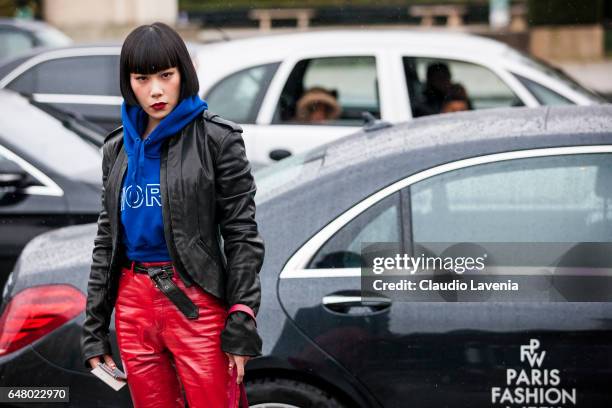 Mademoiselle Yulia is seen in the streets of Paris before the Haider Ackermann show during Paris Fashion Week Womenswear Fall/Winter 2017/2018 on...
