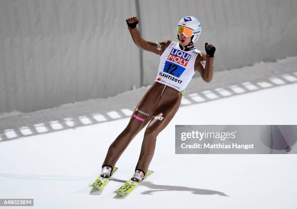 Kamil Stoch of Poland celebrates during the Men's Team Ski Jumping HS130 at the FIS Nordic World Ski Championships on March 4, 2017 in Lahti, Finland.