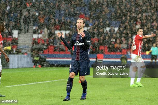 Grzegorz Krychowiak of Paris Saint-Germain reacts during the French Ligue 1 match between Paris Saint-Germain and AS Nancy-Lorraine at Parc des...