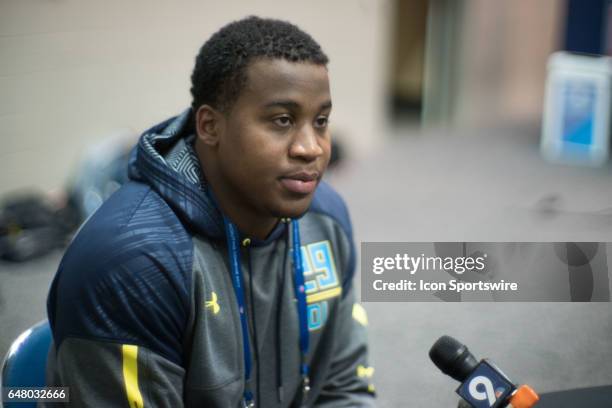 Arkansas defensive tackle Jeremiah Ledbetter answers questions from members of the media during the NFL Scouting Combine on March 4, 2017 at Lucas...