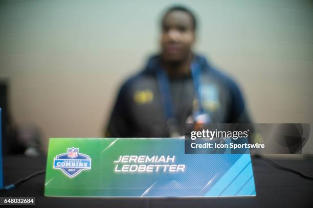 Arkansas defensive tackle Jeremiah Ledbetter answers questions from members of the media during the NFL Scouting Combine on March 4, 2017 at Lucas...