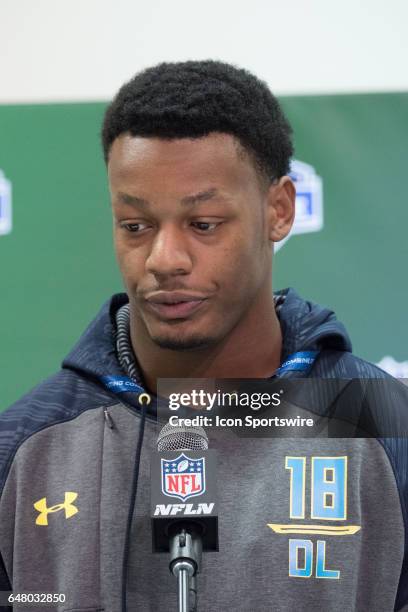 Texas A&M defensive end Daeshon Hall answers questions from members of the media during the NFL Scouting Combine on March 4, 2017 at Lucas Oil...