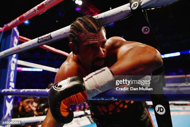 David Haye falls through the ropes during his Heavyweight contest against Tony Bellew at The O2 Arena on March 4, 2017 in London, England.