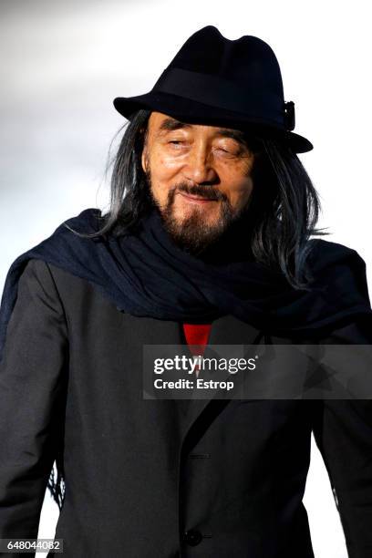 Designer Yohji Yamamoto walks the runway during the Yohji Yamamoto show as part of the Paris Fashion Week Womenswear Fall/Winter 2017/2018 on March...