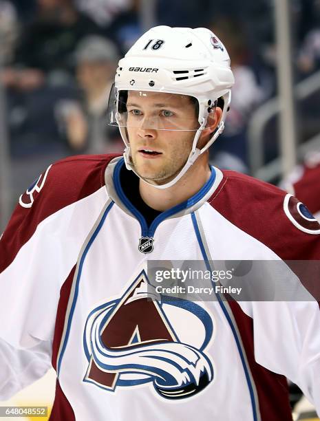 Cody Goloubef of the Colorado Avalanche looks on during the pre-game warm up prior to NHL action against the Winnipeg Jets at the MTS Centre on March...