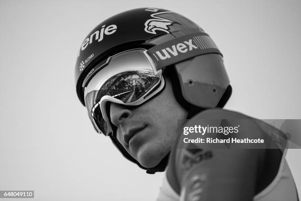 Jurij Tepes of Slovenia prepares to jump during the Men's Team Ski Jumping HS130 at the FIS Nordic World Ski Championships on March 4, 2017 in Lahti,...