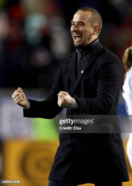 Head coach Mark Sampson of England celebrates the win over the United States during the SheBelieves Cup at Red Bull Arena on March 4, 2017 in...