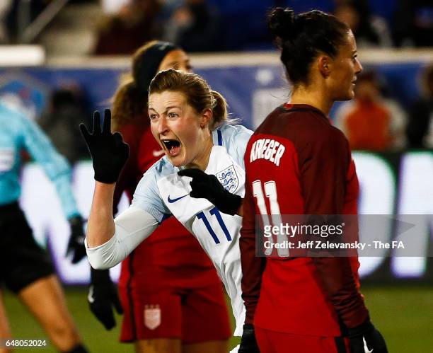 Ellen White of England reacts to her goal against the USA during the 2017 SheBelieves Cup at Red Bull Arena on March 4, 2017 in Harrison, New Jersey.