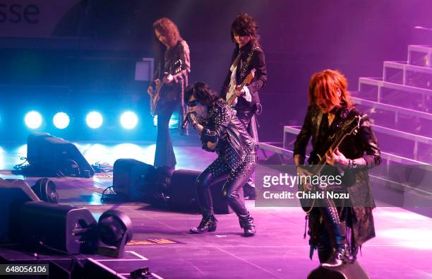 Pata, Toshi, Heath and Sugizo of X Japan perform at Wembley Arena on March 4, 2017 in London, United Kingdom.