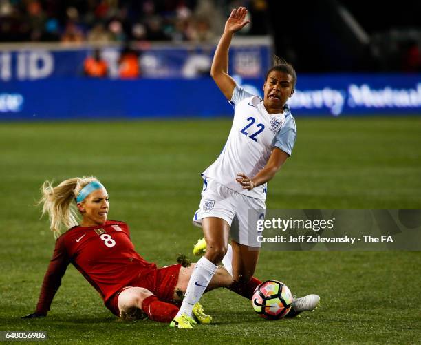 Nikita Parris of England fights for the ball with Julie Johnston of USA during the 2017 SheBelieves Cup at Red Bull Arena on March 4, 2017 in...